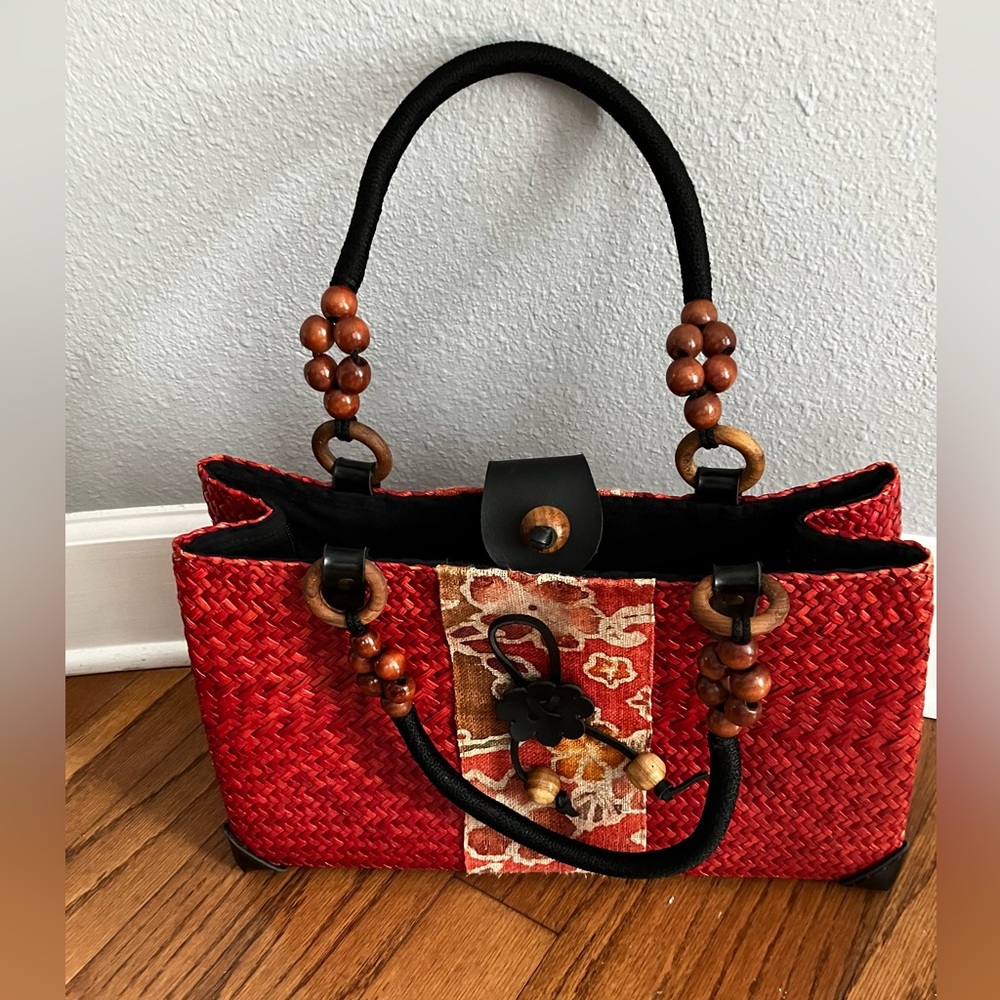 Red Woven Handbag with Brown Leather Accents